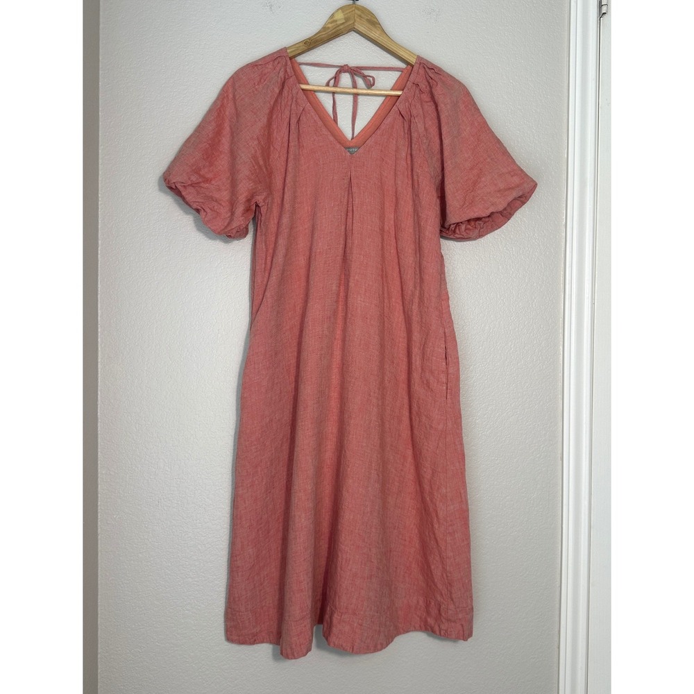 Yarra Trail Linen Midi Dress 8 Petite‎ Coral Red Puffed Sleeve Classic Summer